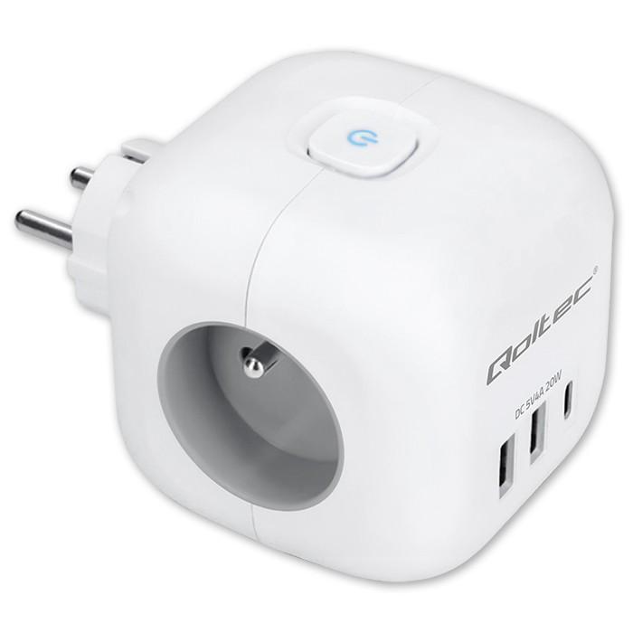 Qoltec 52548 230V 2x USB-A / 1x USB-C Hálózati elosztó 3 aljzatos - Fehér