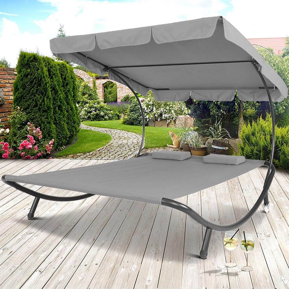 Lit de jardin avec auvent, 2 personnes - gris