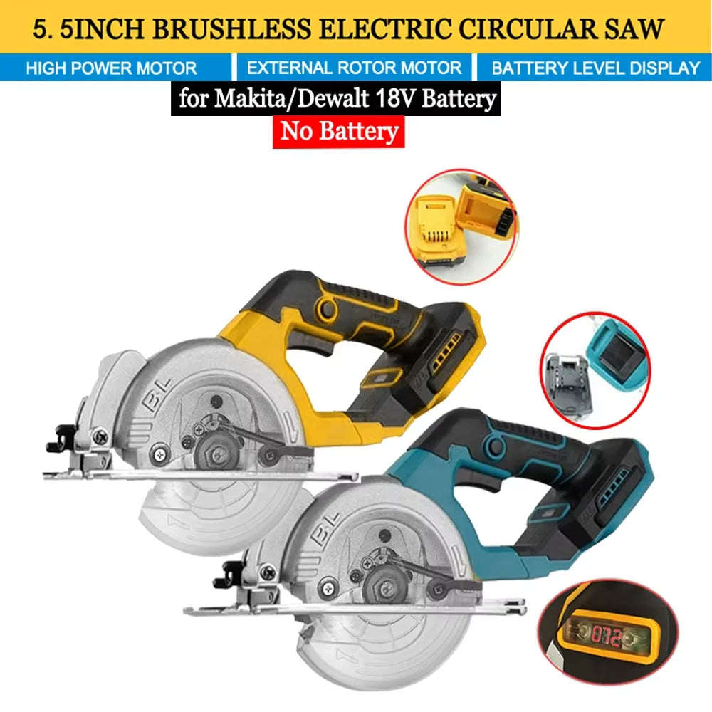 Scie circulaire électrique 5,5" sans balais à rotor externe, sans fil, haute puissance — compatible avec batterie DEWALT 18 V