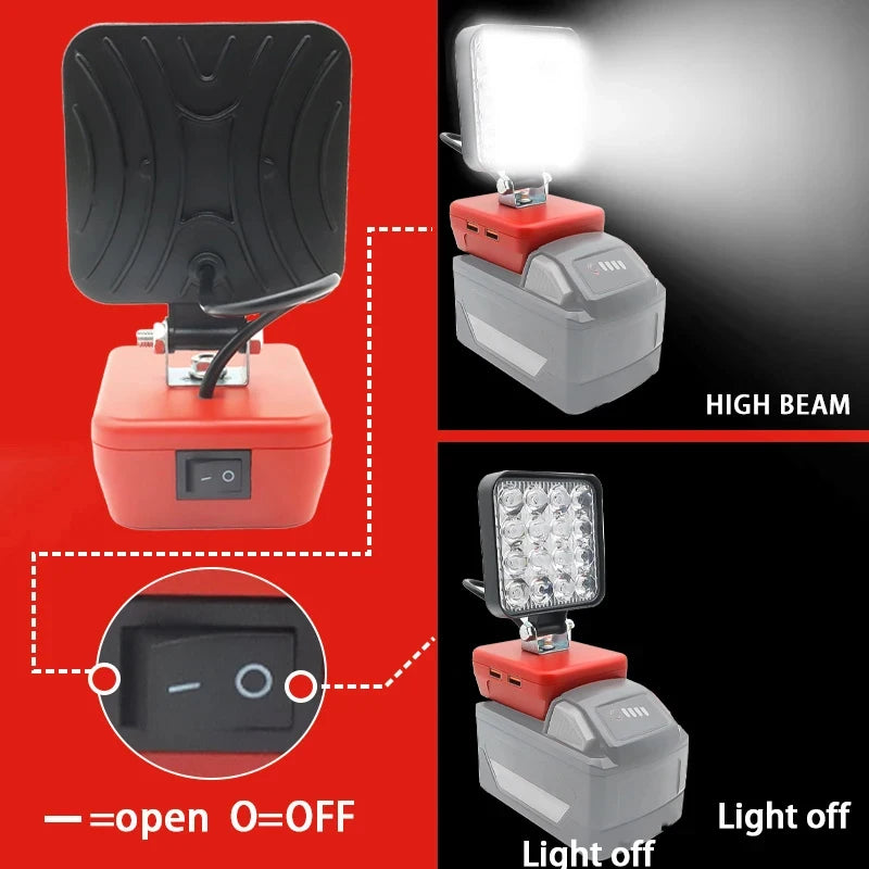 Lampe LED pour DeWalt, Milwaukee, Makita, Bosch — Projecteur sur batterie 18V pour travail extérieur, pêche, usage portatif et d'urgence (lampe-outil)