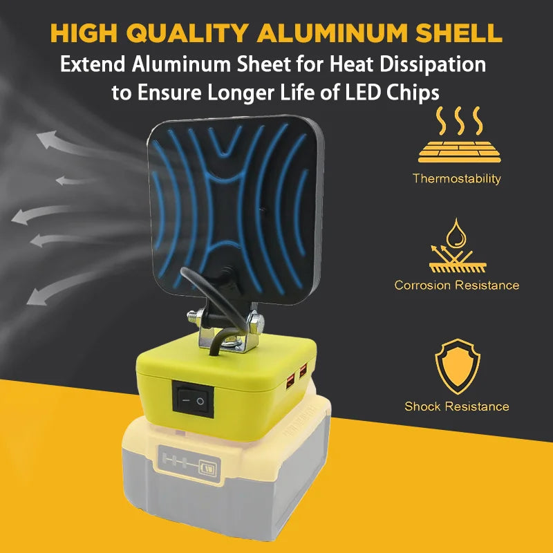 Lampe LED pour DeWalt, Milwaukee, Makita, Bosch — Projecteur sur batterie 18V pour travail extérieur, pêche, usage portatif et d'urgence (lampe-outil)