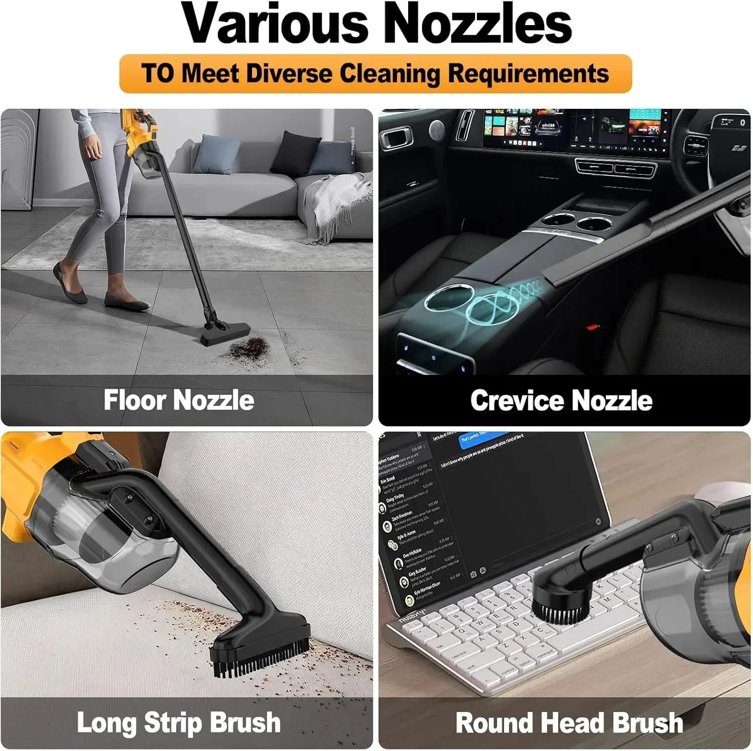 Aspirateur sans fil pour batterie Dewalt 20 V, aspirateur à main portable avec 2 filtres HEPA, 4 buses multifonction, nettoyeur de poussière pour la maison
