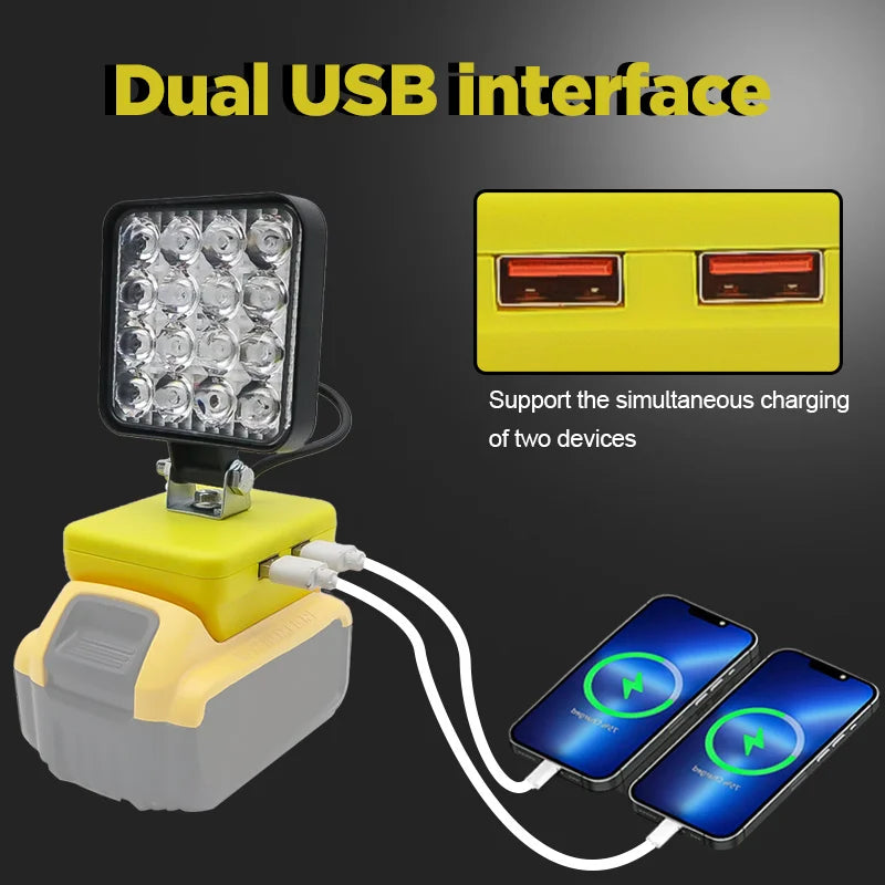 Lampe LED pour DeWalt, Milwaukee, Makita, Bosch — Projecteur sur batterie 18V pour travail extérieur, pêche, usage portatif et d'urgence (lampe-outil)