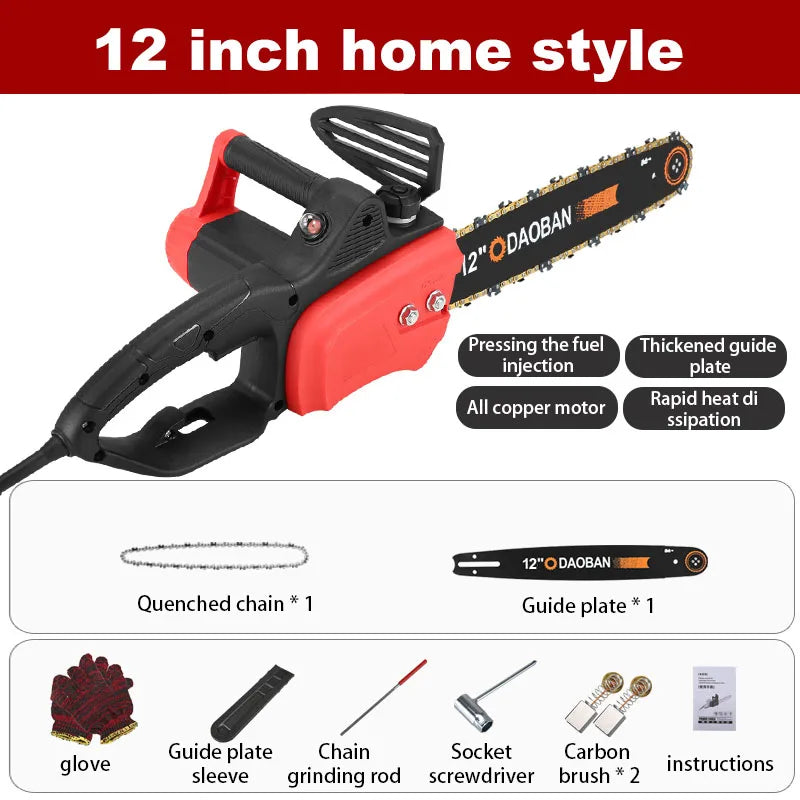 Tronçonneuse filaire haute puissance 12/16 pouces 220 V, portative, moteur sans balais, pour l'abattage et la coupe du bois, usage domestique
