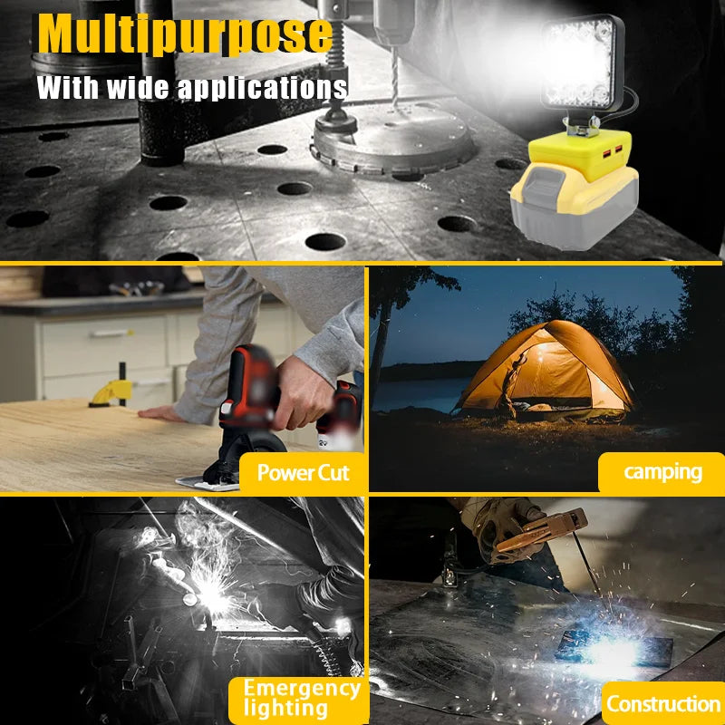 Lampe LED pour DeWalt, Milwaukee, Makita, Bosch — Projecteur sur batterie 18V pour travail extérieur, pêche, usage portatif et d'urgence (lampe-outil)