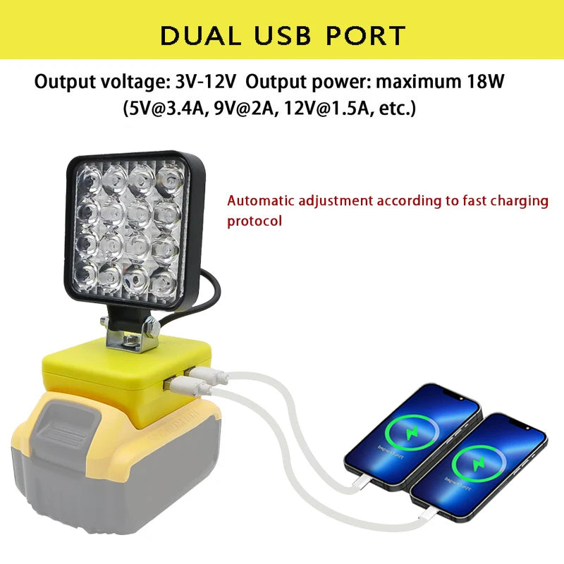 Lampe LED pour DeWalt, Milwaukee, Makita, Bosch — Projecteur sur batterie 18V pour travail extérieur, pêche, usage portatif et d'urgence (lampe-outil)