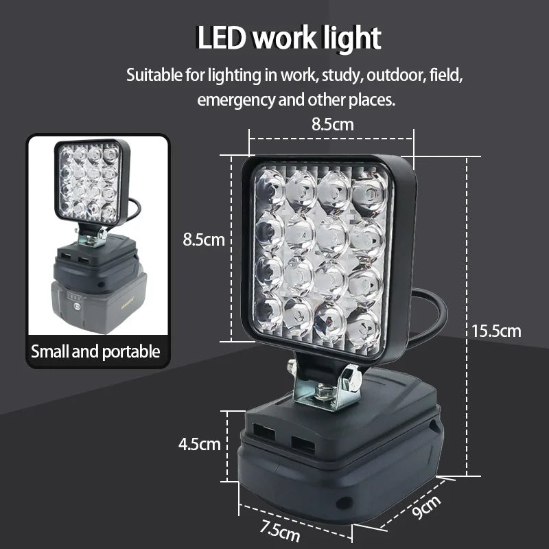 Lampe LED pour DeWalt, Milwaukee, Makita, Bosch — Projecteur sur batterie 18V pour travail extérieur, pêche, usage portatif et d'urgence (lampe-outil)