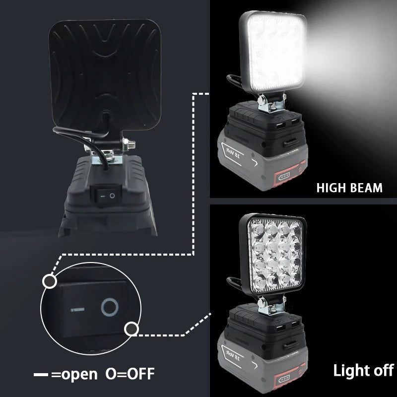 Lampe LED pour DeWalt, Milwaukee, Makita, Bosch — Projecteur sur batterie 18V pour travail extérieur, pêche, usage portatif et d'urgence (lampe-outil)