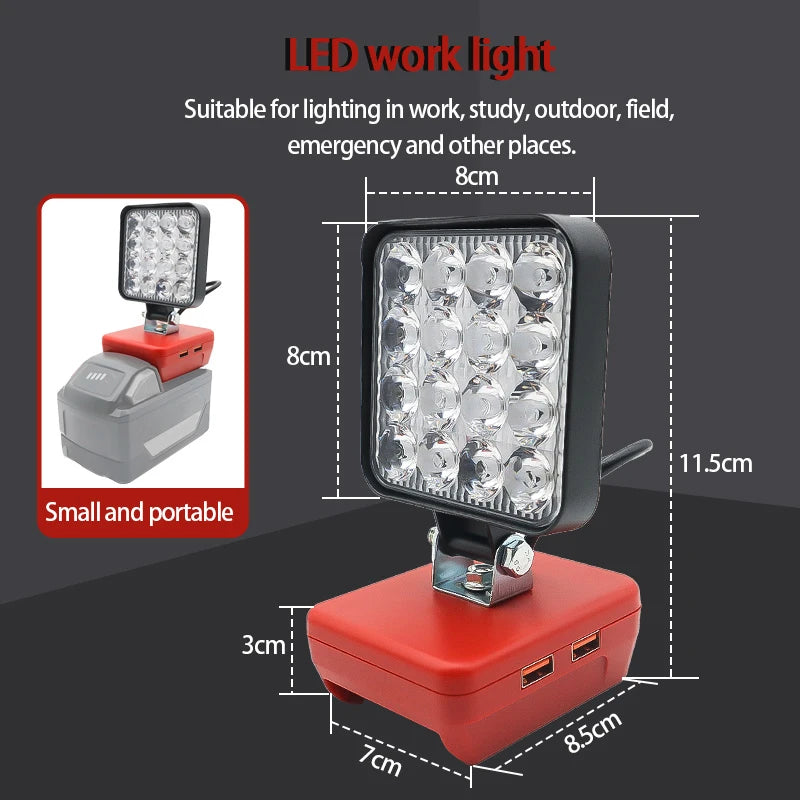 Lampe LED pour DeWalt, Milwaukee, Makita, Bosch — Projecteur sur batterie 18V pour travail extérieur, pêche, usage portatif et d'urgence (lampe-outil)