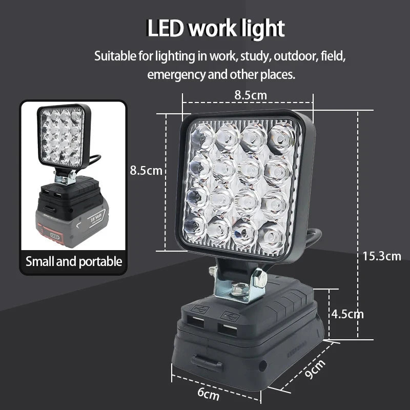 Lampe LED pour DeWalt, Milwaukee, Makita, Bosch — Projecteur sur batterie 18V pour travail extérieur, pêche, usage portatif et d'urgence (lampe-outil)