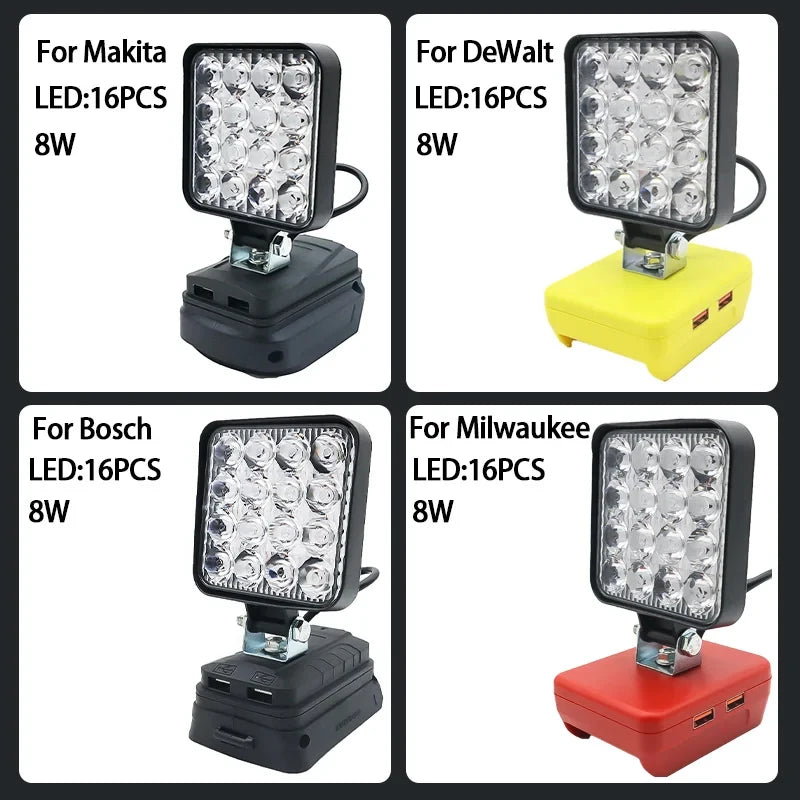 Lampe LED pour DeWalt, Milwaukee, Makita, Bosch — Projecteur sur batterie 18V pour travail extérieur, pêche, usage portatif et d'urgence (lampe-outil)