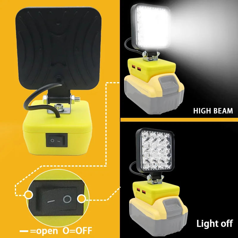 Lampe LED pour DeWalt, Milwaukee, Makita, Bosch — Projecteur sur batterie 18V pour travail extérieur, pêche, usage portatif et d'urgence (lampe-outil)