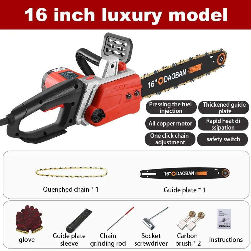 Tronçonneuse filaire haute puissance 12/16 pouces 220 V, portative, moteur sans balais, pour l'abattage et la coupe du bois, usage domestique