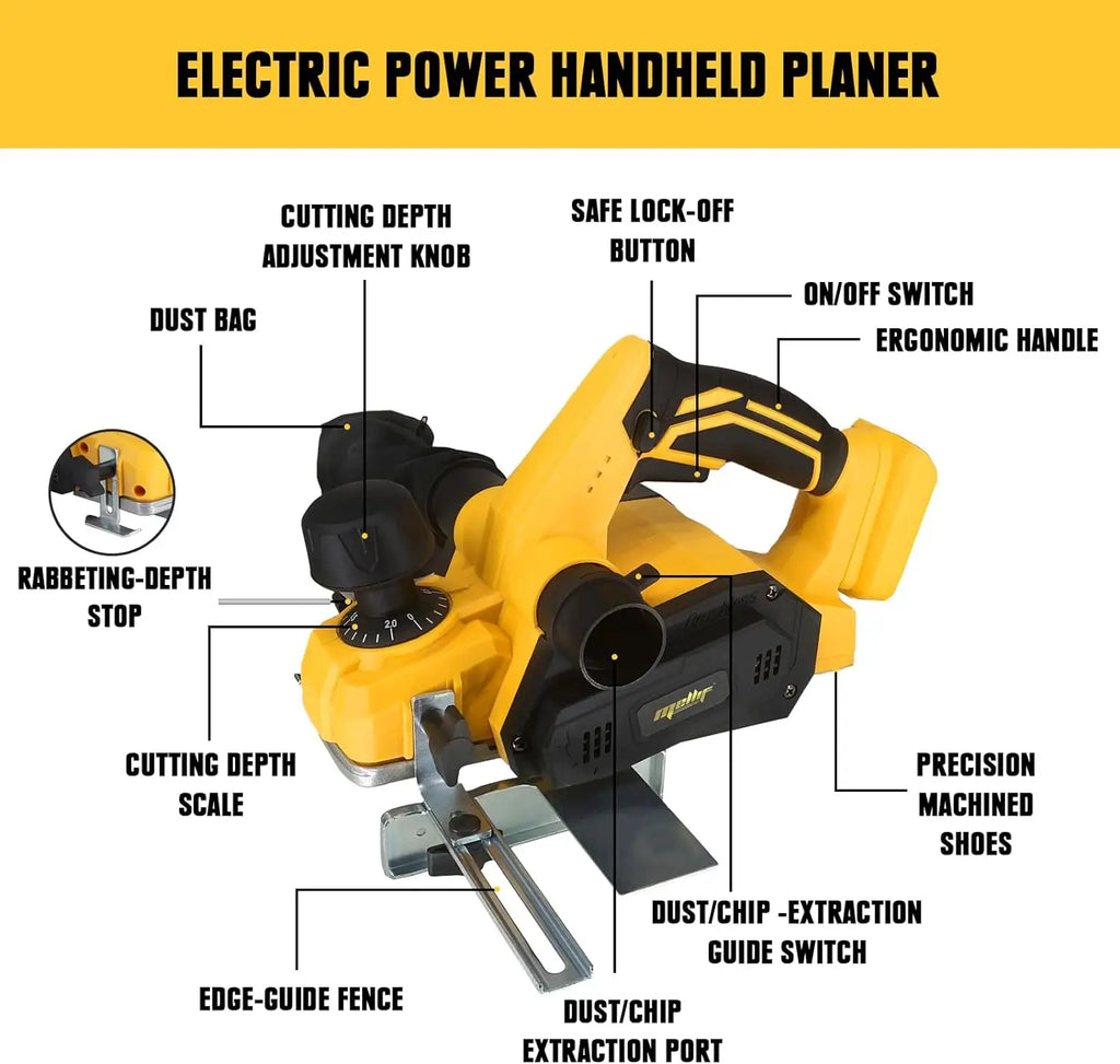 Rabot sans fil portatif compatible avec les batteries DeWalt 18V/20V, rabot électrique à moteur brushless pour la coupe du bois (outil seul)