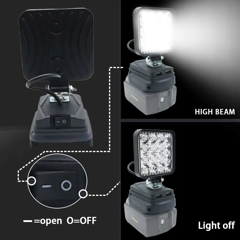Lampe LED pour DeWalt, Milwaukee, Makita, Bosch — Projecteur sur batterie 18V pour travail extérieur, pêche, usage portatif et d'urgence (lampe-outil)