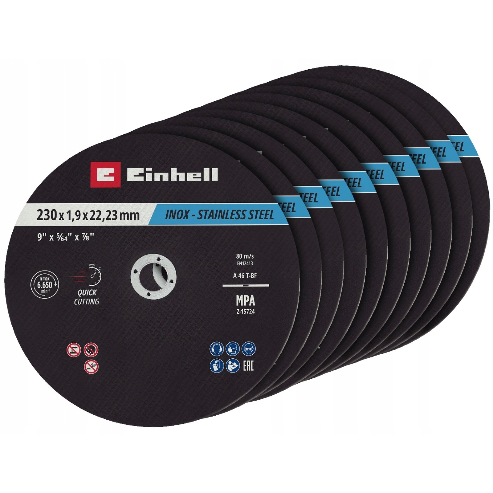 Einhell 711524 Lot de disques de coupe 230 mm, 10 pièces, métal, acier inoxydable, acier, tôle (49711524)