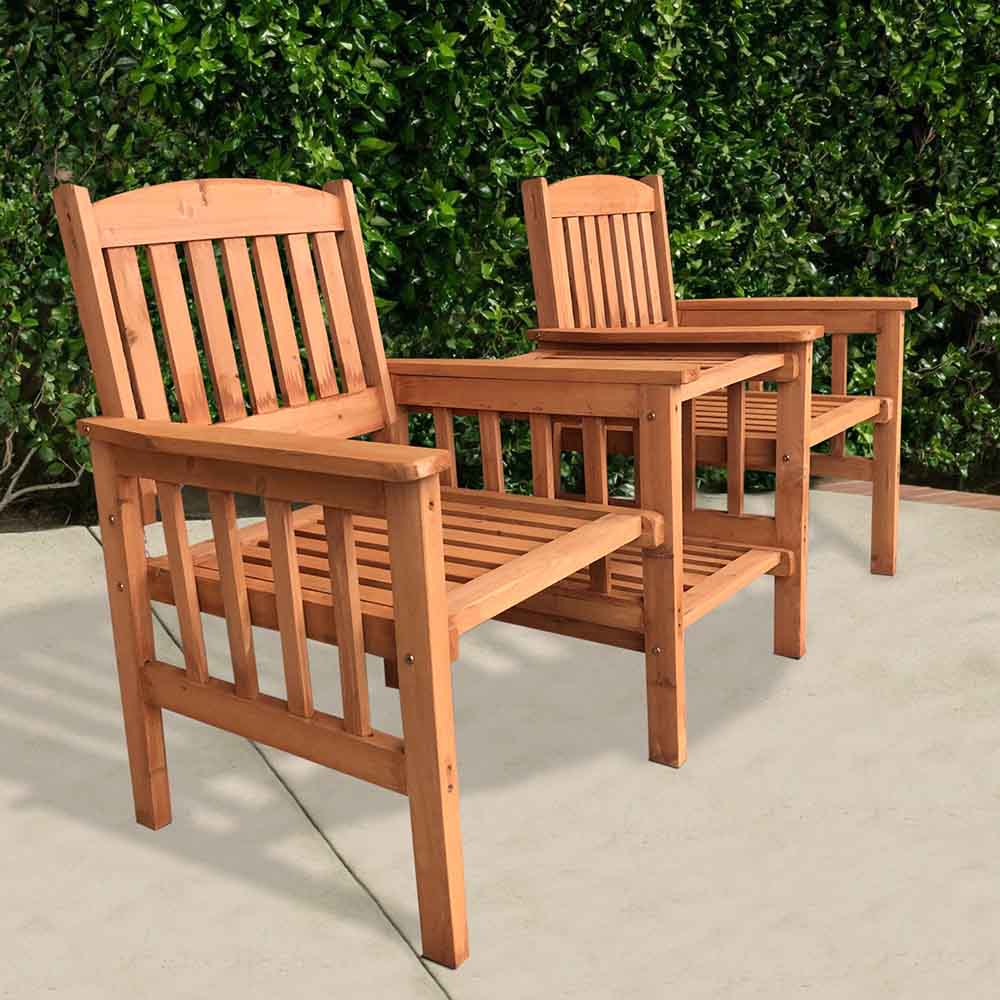 Salon de jardin 2 places en bois — design compact avec trou pour parasol